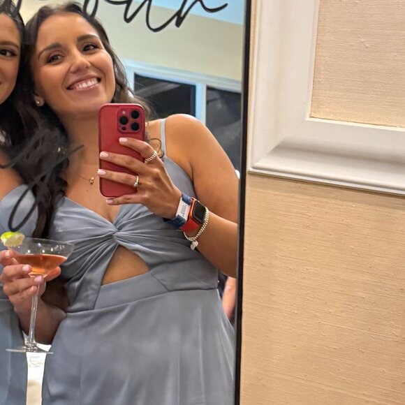 Azazie Jenna Dusty Blue A-Line Pleated Stretch Satin Dress - Picture 6 of 8